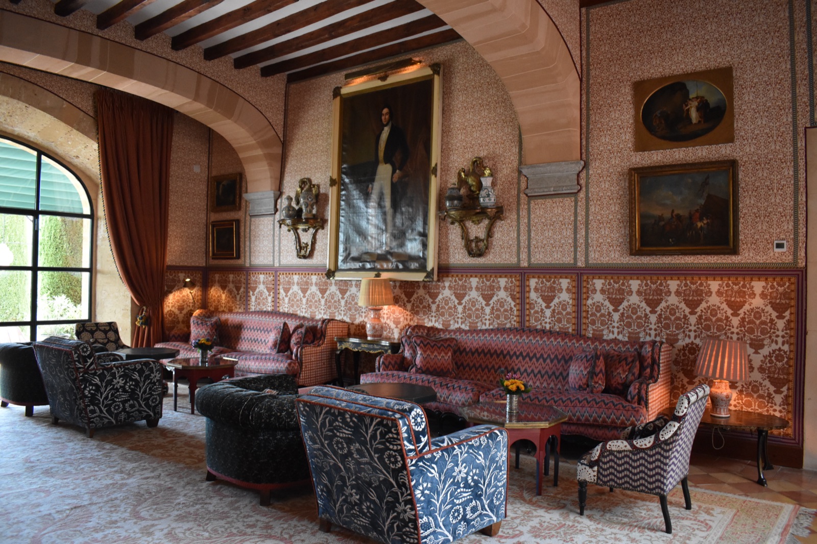 The grand beamed lounge at Grand Hotel Son Net in Mallorca.
